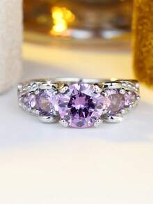 1 Stück 5-Stein runder lila kubischer Zirkonia Ring, silberfarben plattierter Verlobungsring, romantisches Geschenk für sie - Violett - Übersicht 3