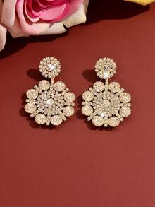 1 Pair Crystal Flower Drop Earrings, Shiny Crystal Earrings, Copper Material Earrings, Suitable For Formal Wedding, Gala, Graduation Party - Gold - View 2