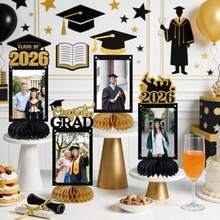 8pcs Graduation Decorations Class Of 2026 Table Centerpieces Congrats Glitter Grad Honeycomb Centerpieces For Photo Tables Toppers 2026 Graduation Party Decor Black Gold - Black - View 2