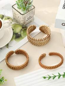 1/3件套手工编织木质手镯套装，藤编手镯，波西米亚风格女士配饰，夏季佩戴的理想之选 - 棕色 - 查看 2