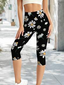 Women's Summer Casual Lounge Capri Pants Black Daisy Print Floral Printed Casual Yoga Capri Pants For Leisure Sports Casual Outdoors - 彩色 - 查看 2