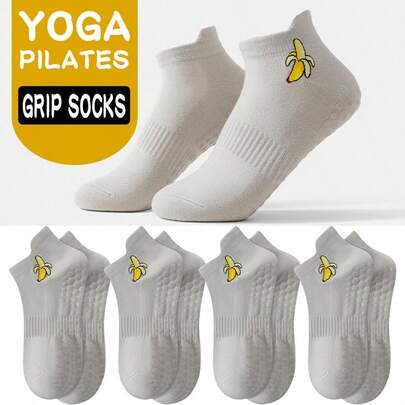 1/3/6 Pairs Yoga Sports Boat Socks, Fitness Socks, Non-Slip Socks, Dance Socks, Pilates Socks, Comfortable Breathable Shock-Absorbing Non-Slip Wear-Resistant Yoga Sports Socks, Suitable For Yoga, Fitness, Dance, Gymnastics And Other Outdoor Sports, Fresh Banana Fruit Embroidery Pattern Yoga Sports Short Socks, Ideal Gift.
