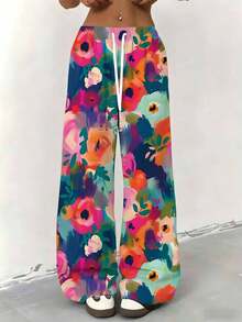 Women Straight Leg Wide Leg Pants Floral Print Colorful Abstract Pattern Casual Wear For Leisure And Sports 250g - 彩色 - 查看 1