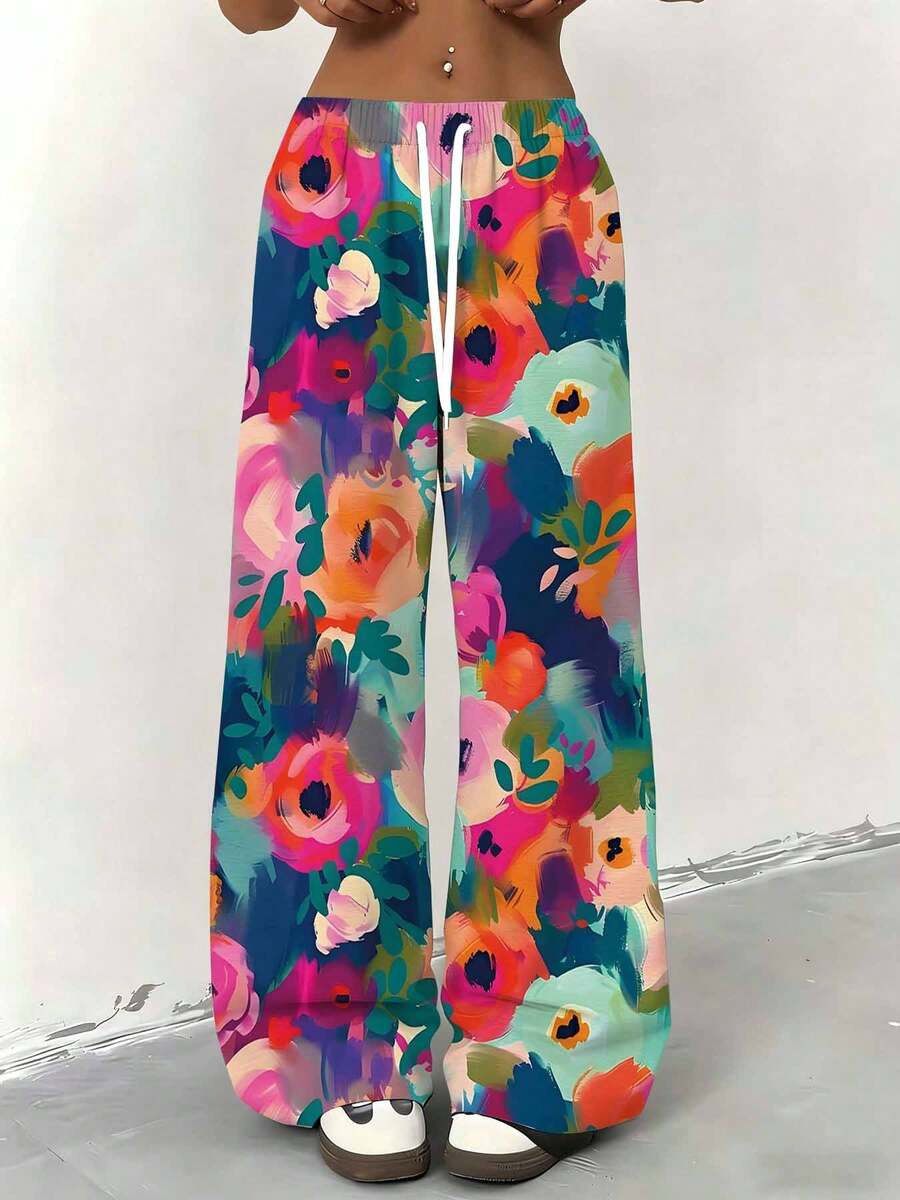 Women Straight Leg Wide Leg Pants Floral Print Colorful Abstract Pattern Casual Wear For Leisure And Sports 250g - 彩色 - 查看 1