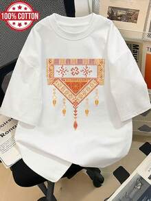 Conjunto de verano para mujer 2026 Camiseta con estampado gráfico y hombros caídos, top casual de manga corta y cuello redondo para primavera y verano, camisa de ropa de mujer - [Blanco] - Ver 12