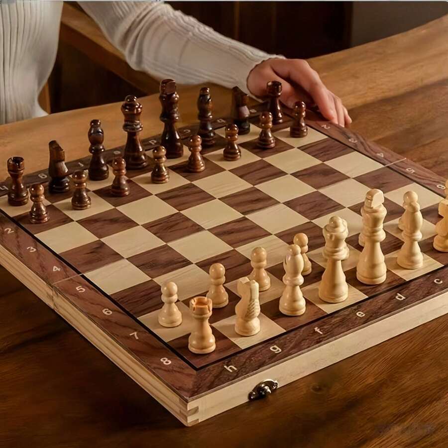 Large 3-In-1 Foldable Chess Board Game Set - Chess, Checkers, Backgammon, Wooden Board Game For Adults, Strategy Training, Best Gift, 11.8 Inches (30cm)