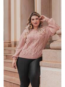 Plus Size Winter Puff Sleeve Knitted Blouse - Size G2 (EXL) - Rose - View 2