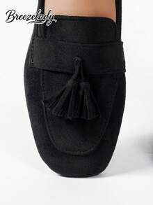 Women Elegant Flat Square Toe Green Suede Loafers With Tassel & Floral Pendant, Suitable For Autumn/Winter - màu đen - Xem 6