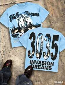 Valley Dreams Statue Of Liberty & City Explosion & "3035 INVASION DREAMS" Text 230g Combed Washed Cotton T-Shirt, Street Short-Sleeve Top, American - 天藍色 - 查看 6