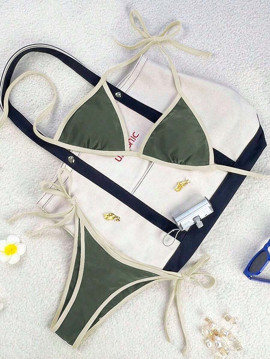 Traje de baño para mujer Swim Mod 2026 Primavera/Verano, con tirantes finos y cuello halter, en azul marino y amarillo en contraste, conjunto de bikini con lazo lateral para vacaciones. - Verde militar - Ver 1