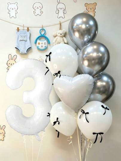 9pcs 40-Inch White Number Balloon Set, Large 0-9 Birthday Number Foil Balloons, 18-Inch Heart Balloons, White & Silver Latex Balloons, Black Ribbon Bows, Suitable For Birthday Party, Baby Shower Decoration