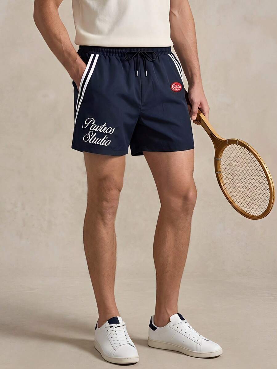 Courvante Tennis Men's Young Fashionable, Letter, Stripe, Graphic, Streetwear Inspired Shorts, Woven Fabric, Elastic Waist Drawstring, Webbing Decorated, Retro Style - Navy Blue - View 1