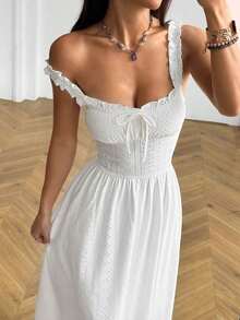 Stunning Boho White Straps Sleeveless Eyelet Long Maxi Sundress With Flared Hem - White - View 3