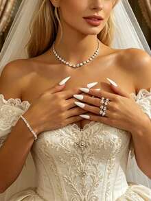 四件套闪亮镀银水晶项链、耳环、手链新娘首饰套装，欧美风格 - 銀色 - 查看 7