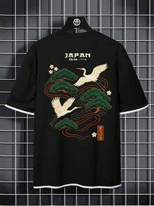 Zrgoth 男士夏季經典 2 合 1 圓領短袖抽繩 T-Shirt，休閒時尚鶴圖案極簡百搭款 - 黑色 - 查看 4
