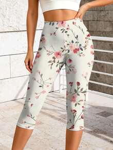 Women's Fashion Cycling Capri Pants Vintage Inspired Pink Blossom Printed Casual Yoga Capri Pants For Leisure Sports Casual Outdoors - 彩色 - 查看 2