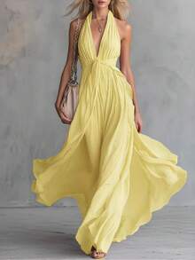 Bohemian Yellow Halter Maxi Dress, Deep V-Neck Flowy Chiffon Dress, Summer Vacation & Beach Wedding Guest Outfit - 黃色 - 查看 2