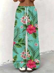 Women Straight Leg Wide Leg Pants Tropical Floral Print With Pink Hibiscus And Green Leaves Summer Beach Wear Casual Comfortable For Leisure And Light Exercise 250g - Nhiều màu - Xem 2