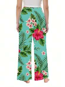 Women Straight Leg Wide Leg Pants Tropical Floral Print With Pink Hibiscus And Green Leaves Summer Beach Wear Casual Comfortable For Leisure And Light Exercise 250g - Nhiều màu - Xem 3