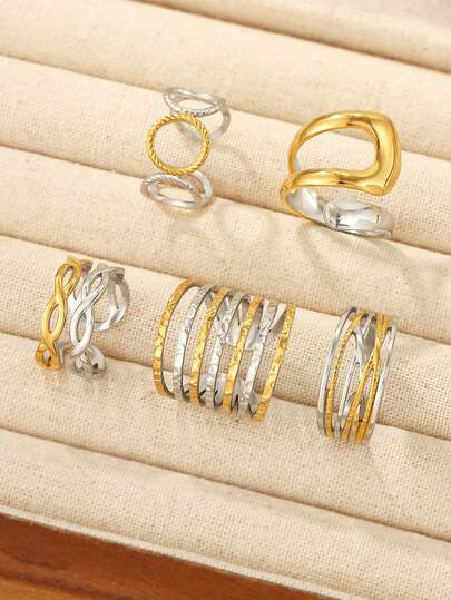5pcs Stainless Steel Two-Tone Gold & Silver Stackable Adjustable Rings Set, Suitable For Women's Daily Decoration Or Gift
