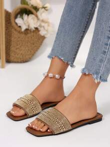 1 Pair Plus Size Shiny Gold Color, Rhinestone & Double Pearl Decor Slides, Elegant & Fashionable For Party, Vacation, Beach, Comfortable Slip-On Flat Mules Sandals, Suitable For Daily Wear, Size 41-42-43 - Chocolate Brown - View 5