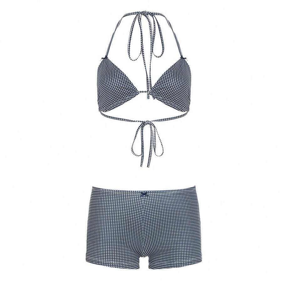 Y2K Bowknot Plaid Vacation Bikini Set Halter Neck Tie Triangle Bra Low Waist Shorts - Blue - View 1