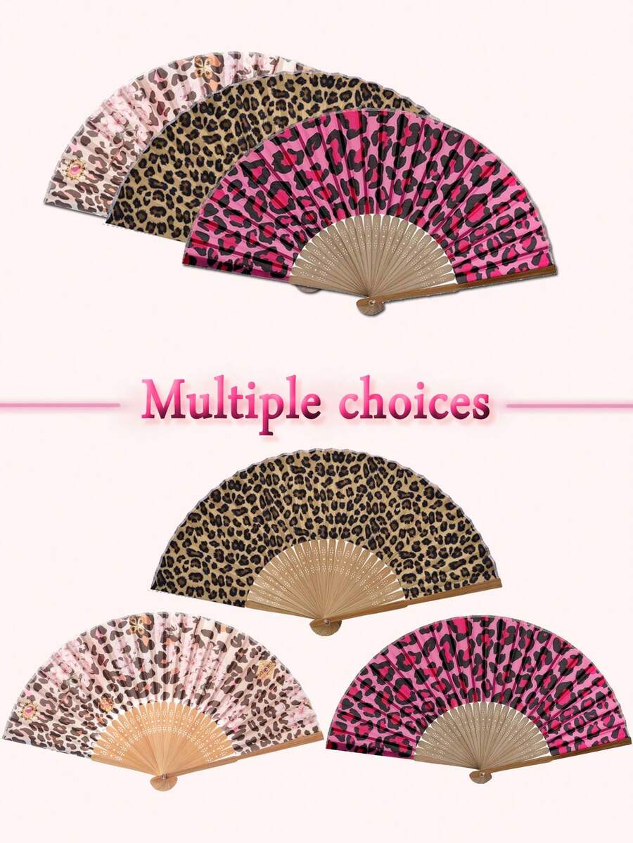 1 chiếc quạt tay tre gấp gọn, mặt quạt bằng vải, họa tiết da báo, thích hợp cho các bữa tiệc, đám cưới, trang trí tường, làm quà tặng.