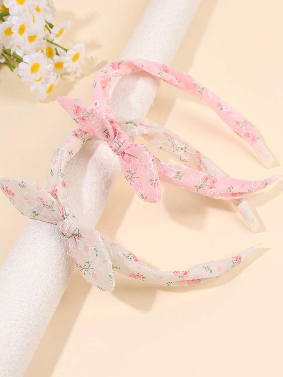 2pcs/Set Pink Floral Bow Headband Combo, Fashion Fabric Hair Accessories For Girls & Teens - Hairband - View 1