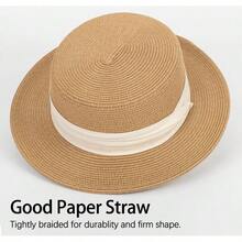 Straw Boater Summer Hat - Wide Brim Fedora Panama Summer Beach Hat Men Women(Size: Large) - 中號 + 米色錶帶 - 查看 2