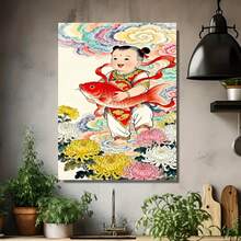 1 pieza, Pintura de Diamantes con Patrón Auspicioso Tradicional Chino 2D, Pintura Decorativa Festiva de Carpa Roja y Flores Coloridas, Decoración de Pared para Sala de Estar, Dormitorio, Entrada, Arte de Diamantes Hecho a Mano, Significa Riqueza y Buena Suerte, Decoración Moderna y Fácil para el Hogar - Enmarcado - Ver 4