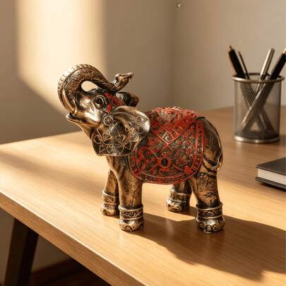 Exquisite Gold Elephant Sculpture With Intricate Patterns And Curved Trunk, Ideal For Home Decor As An Auspicious Feng Shui Symbol. Can Be Placed In The Center Of Living Room Coffee Table Or As A Unique Housewarming, Wedding Or Birthday Gift To Create A Bohemian Ambiance.