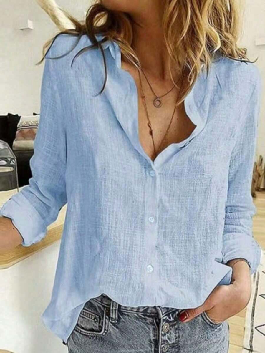 Camisa abotonada de color sólido, blusa elegante de manga larga con estampado floral y cuello, primavera - Azul - Ver 1