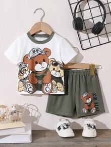 Baby Boys' Cute Casual Round Neck Short Sleeve T-Shirt With Contrast Color Design And Cartoon Bear Pattern, Matching Elastic Waist Shorts, 2pcs Set, Fashion Versatile Baby Boy Outfit For Spring/Summer, Suitable For Daily, Party, Outing, Birthday Gift - Multicolor - View 1