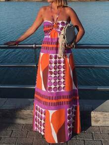 Women's Printed Button A-Line Vacation Dress, Fashionable For Daily And Holiday Wear, Spring/Summer Elegant Party - Multicolor - View 3