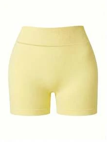 FWH #Slimming & Shaping# 女款無縫運動短褲，彈性腰頭，抓皺設計，舒適彈性腰帶，提臀抓皺效果，修飾臀部線條，活動自如，適合休閒日常運動健身跑步，無束縛感，女款休閒提臀運動短褲 - 黃色 - 查看 7