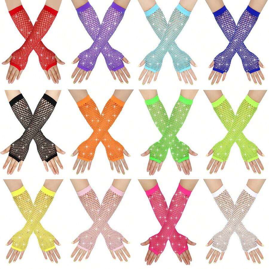 2pcs 1980s Neon Street Party Punk Style Rhinestone Fishnet Fingerless Gloves, Halloween Party Celebration, Mother's Day Gift - Multicolor - View 1