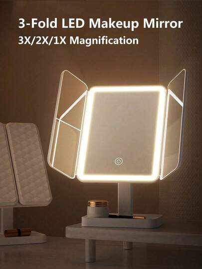 Gương trang điểm LED gấp ba với độ phóng đại 3X/2X/1X, gương trang điểm cầm tay độ nét cao, độ sáng điều chỉnh được, có thể gập lại kèm chân đế và đèn 3 màu, pin sạc 800mAh tích hợp, sạc USB, thích hợp cho du lịch, chức năng điều chỉnh độ sáng bằng cảm ứng, món quà tuyệt vời cho phụ nữ, ngày Valentine, các ngày lễ.