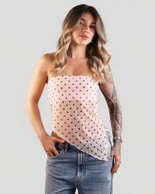Women's Basic Asymmetrical Translucent Polka Dot Print Cropped Tube Top, Strapless, Summer, Strapless, Lining, Aitona - 淺色波點 - 查看 1