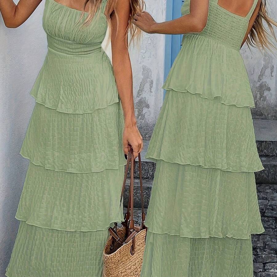 New Spring And Summer Women'S Solid Color Wide Strap Easy Casual Gathered Pleated Cake Skirt, Vacation Beach Tropical Summer White Camisole Dress, Ibiza Style Women'S Summer Square Neck Dress White Graduation Dress - 綠色 - 查看 1