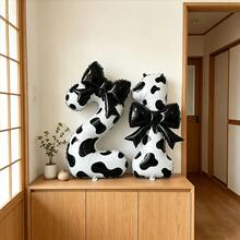 3件套：1个40英寸奶牛纹数字铝箔气球+1个黑色蝴蝶结装饰+1个气球贴纸，0-9蝴蝶结铝箔气球，黑白奶牛纹设计，适合生日、周年纪念日和庆祝活动装饰，拍照道具数字气球 - 查看 3