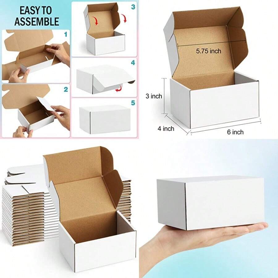 Cajas de envío pequeñas de 6 x 4 x 3 pulgadas paquete de 25 sobres de cartón corrugado - Blanco - Ver 1
