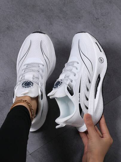 Women's Plus Size 36-45 Spring/Autumn Mesh Breathable Sneakers, Super Lightweight Shock Absorbing Running Shoes, White Lace-Up Casual Shoes