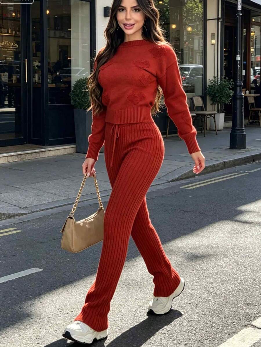 Women's Knitted Set: Blouse And Shaping Pants, Comfortable And Versatile For Everyday Wear - Gỗ đỏ - Xem 1