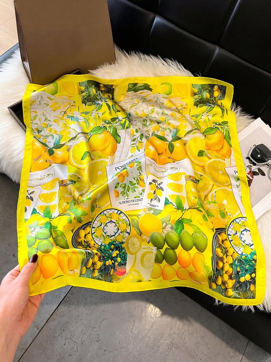 1pc Elegant Lemon Print 70cm Silk-Like Small Square Scarf, Versatile For Women As Bandana, Waist Belt, Bag Decoration, Hair Accessory, Suitable For Daily Wear,Travel Essential,Holiday - Yellow - View 1