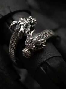 热销朋克派对时尚双头龙开口戒指复古新年龙年戒指男士配饰 - 復古銀色 - 查看 1