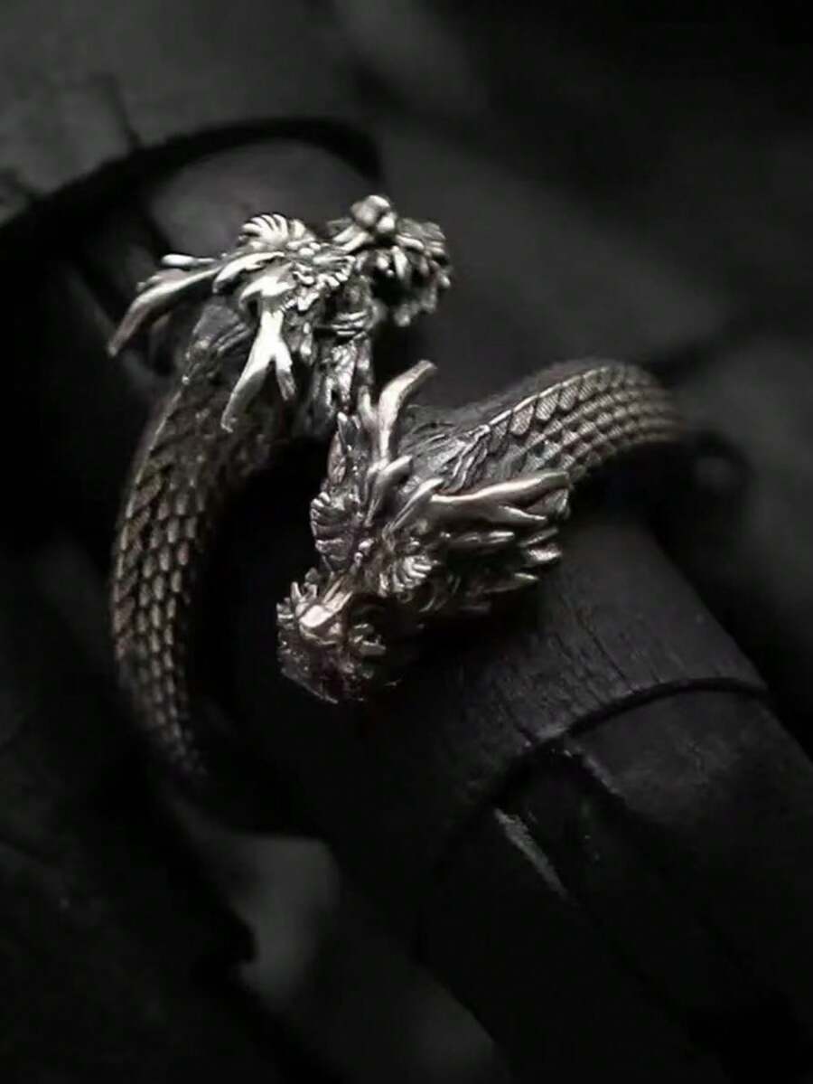 热销朋克派对时尚双头龙开口戒指复古新年龙年戒指男士配饰 - 復古銀色 - 查看 1