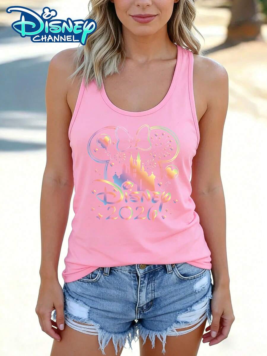 Disney Official Authorization | Women's Casual Crew Neck Sleeveless Tank Top. Featuring A Mickey Mouse Head Silhouette, Combined With 2026 Rainbow Castle, Fireworks And Balloon Elements. The Fabric Is Soft And Breathable, Making It Perfect For Vacations, Outings And Daily Casual Wear. - Hồng - Xem 1