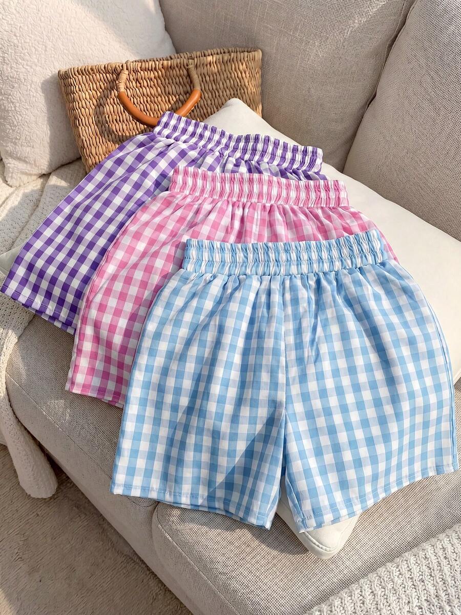 Bộ 3 quần short kẻ caro cạp chun co giãn, kiểu dáng năng động, thích hợp cho bé gái, có các màu Tím/Hồng/Xanh dương. - Nhiều màu - Xem 1
