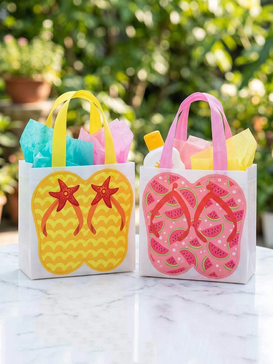 4/6/30pcs Beach Elements Non-Woven Fabric Gift Bags, Summer Holiday Style Tote Bags, Beach Party Storage Bags, Beach Travel Souvenir Bags, Outdoor Picnic Gift Packaging Bags, Beach Theme Party Favor Bags, Casual Holiday Portable Shopping Bags, Beach Style Decor Gift Bags, Holiday Party Giveaway Storage Bags, Durable Breathable Non-Woven Tote Bags With Beach Season Elements Printing - J-Multicolor - View 1