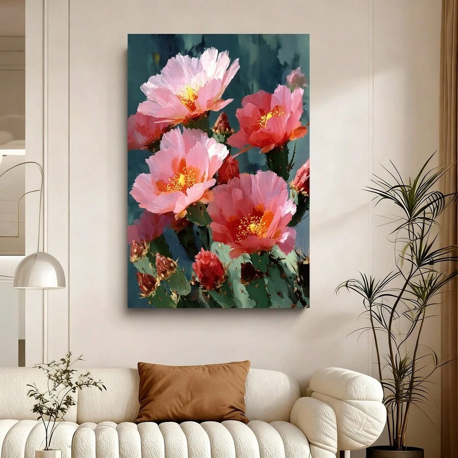 2D Plano, 2D Plano, 2D Plano 1 pieza de arte 2D con una impresión de óleo enmarcada de flores de cactus, que representa cactus en flor - Enmarcado - Ver 1